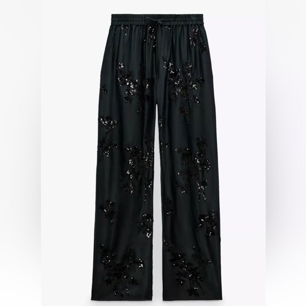 Zara NWOT black sequin satin matching 2 piece set - button shirt & pants - Picture 6 of 15